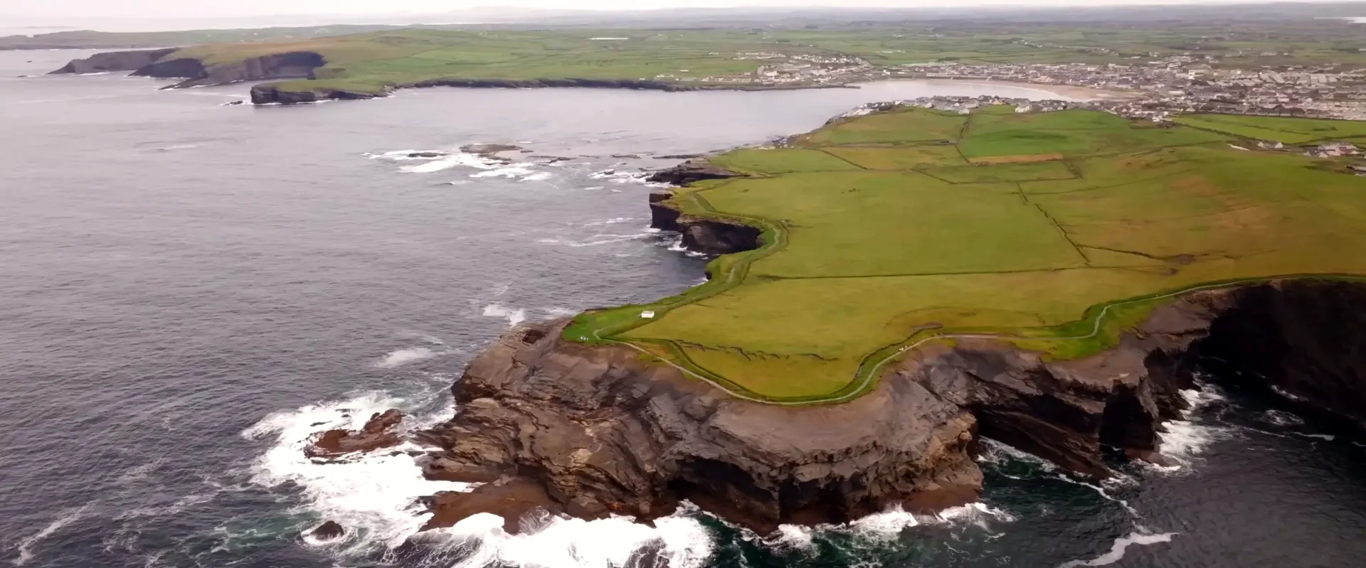 Genuine aerial photograph of the Kilkee cliff walk, green fields and Atlantic coves